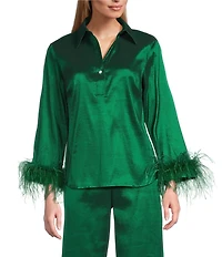 Preston & York Coordinating Thea Feather Collar 3/4 Sleeve Stretch Taffeta Blouse