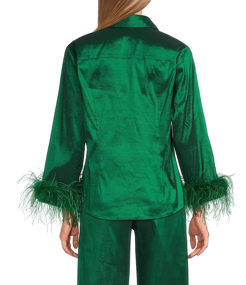 Preston & York Coordinating Thea Feather Collar 3/4 Sleeve Stretch Taffeta Blouse