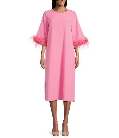 Preston & York Emmeline Round Neckline Long Feather Sleeve Stretch Crepe Midi Dress