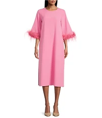 Preston & York Emmeline Round Neckline Long Feather Sleeve Stretch Crepe Midi Dress