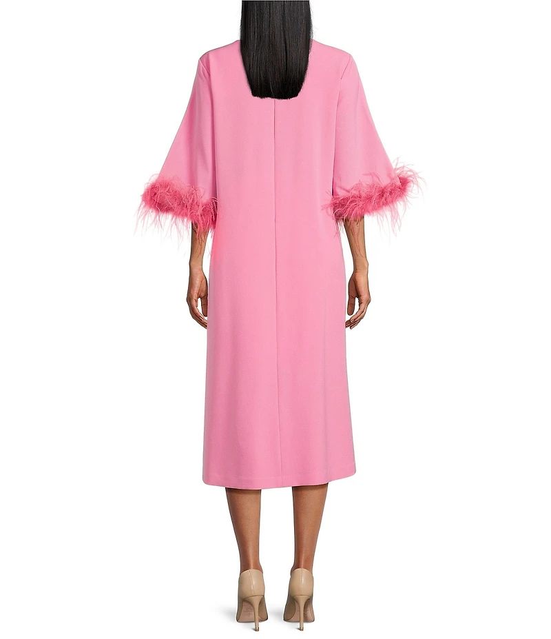 Preston & York Emmeline Round Neckline Long Feather Sleeve Stretch Crepe Midi Dress