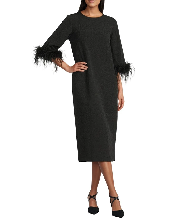Preston & York Emmeline Round Neckline Long Feather Sleeve Stretch Crepe Midi Dress