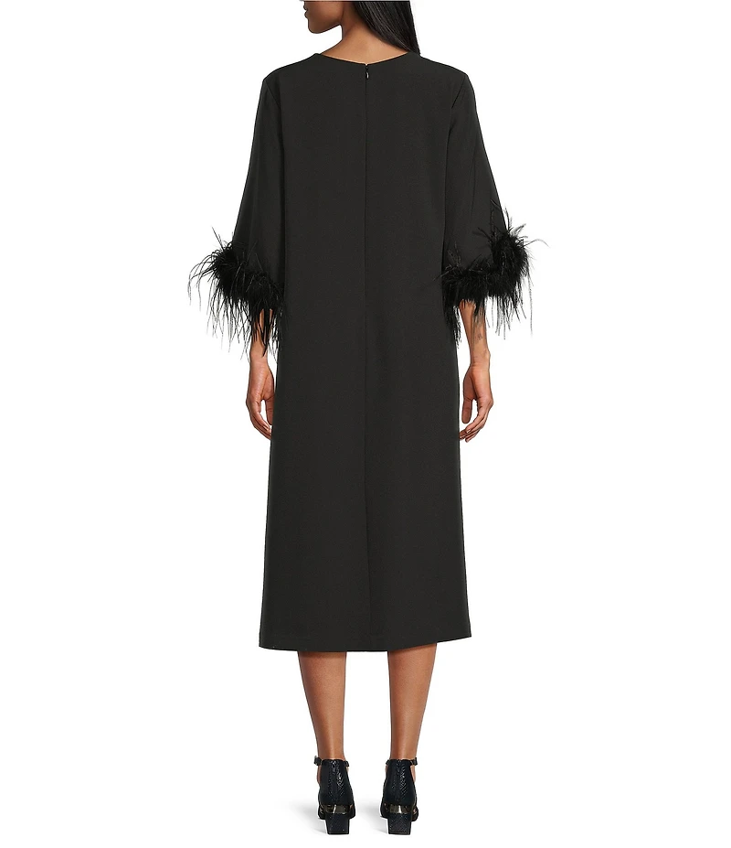 Preston & York Emmeline Round Neckline Long Feather Sleeve Stretch Crepe Midi Dress