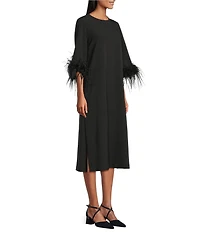 Preston & York Emmeline Round Neckline Long Feather Sleeve Stretch Crepe Midi Dress