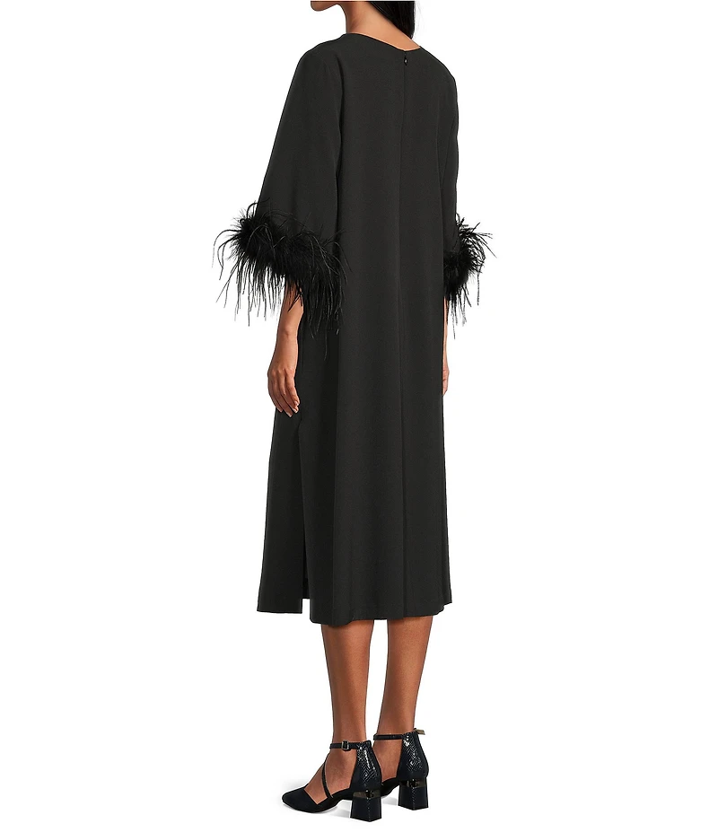 Preston & York Emmeline Round Neckline Long Feather Sleeve Stretch Crepe Midi Dress