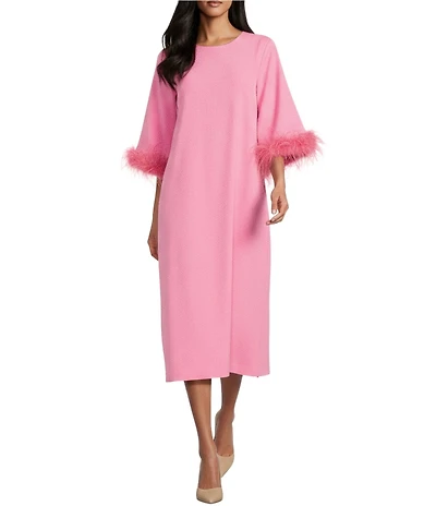 Preston & York Emmeline Round Neckline Long Feather Sleeve Stretch Crepe Midi Dress