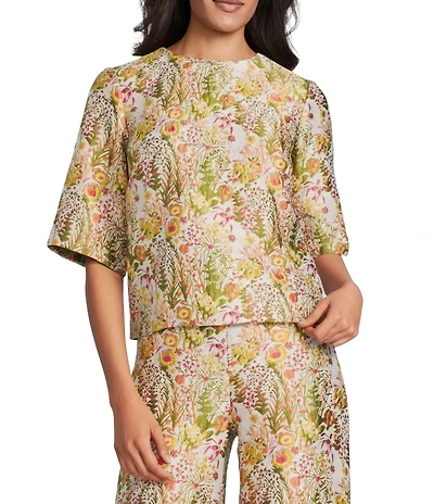 Preston & York Esra Coordinating Round Neck Elbow Length Sleeve Brocade Blouse