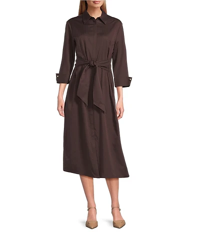 Preston & York Frances Belted Sheath Point Collar 3/4 Sleeve Maxi Dress