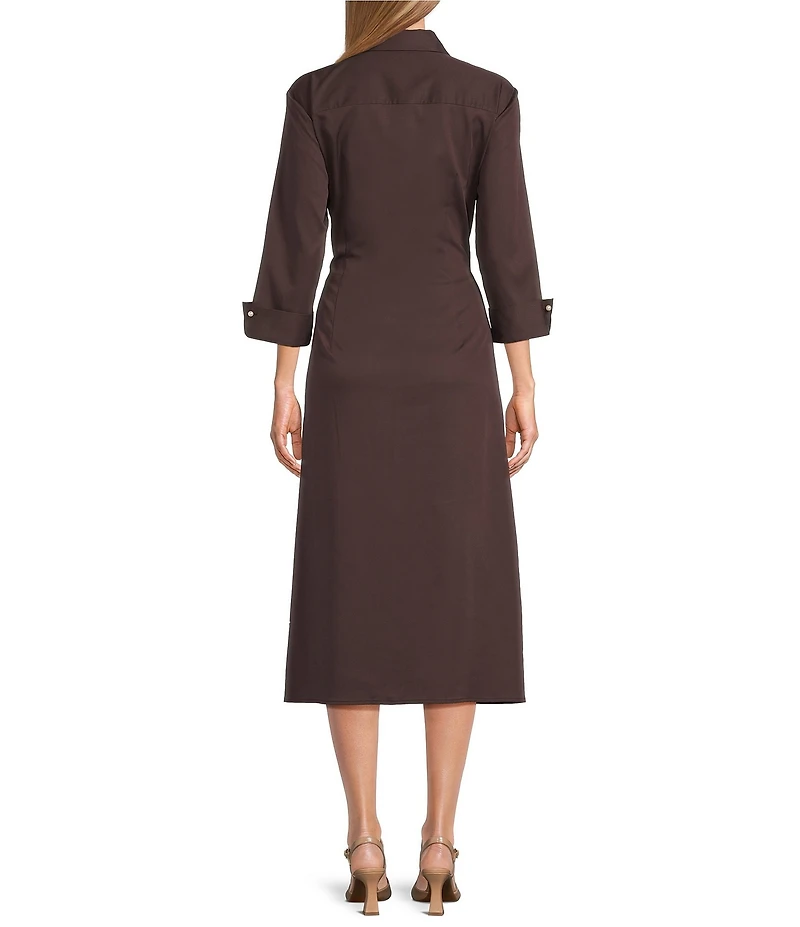 Preston & York Frances Belted Sheath Point Collar 3/4 Sleeve Maxi Dress