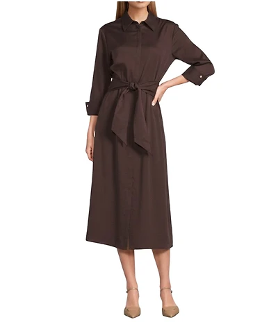 Preston & York Frances Belted Sheath Point Collar 3/4 Sleeve Midi Dress