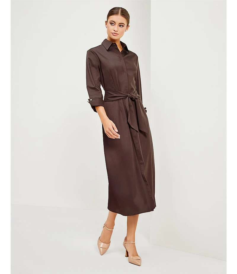 Preston & York Frances Belted Sheath Point Collar 3/4 Sleeve Midi Dress