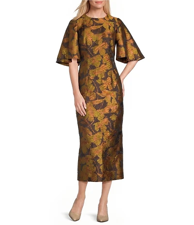 Preston & York Kimberly Floral Jacquard Jewel Neckline Short Sleeve Dress