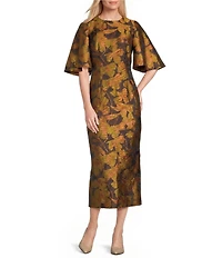 Preston & York Kimberly Floral Jacquard Jewel Neckline Short Sleeve Dress
