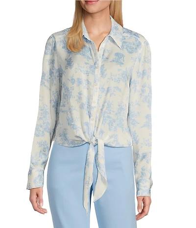 Preston & York Kinsley Satin Long Sleeve Button Tie Front Blouse