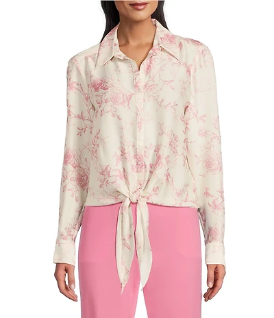 Preston & York Kinsley Satin Rose Print Long Sleeve Button Tie Front Blouse