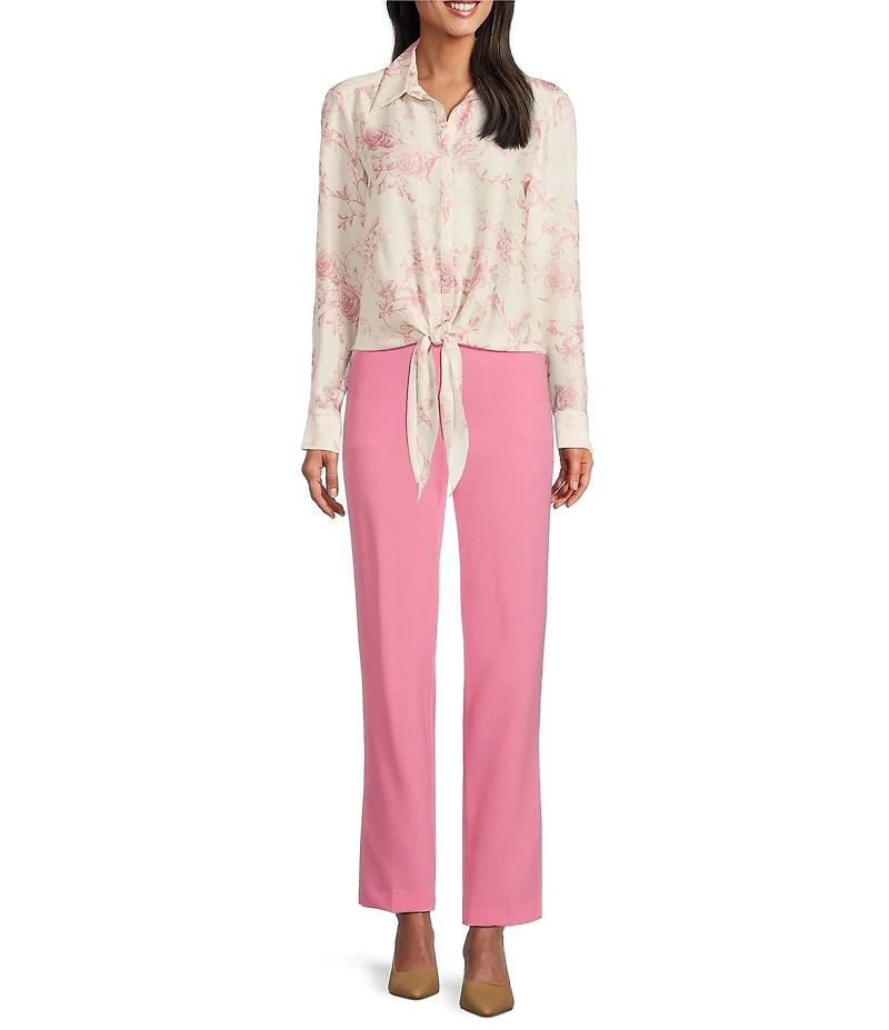 Preston & York Kinsley Satin Rose Print Long Sleeve Button Tie Front Blouse
