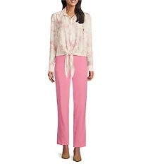 Preston & York Kinsley Satin Rose Print Long Sleeve Button Tie Front Blouse