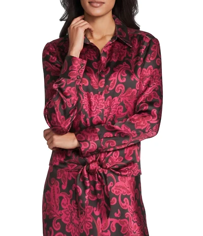 Preston & York Kinsley Tie From Hem Button Front Collard Long Sleeve Coordinating Blouse