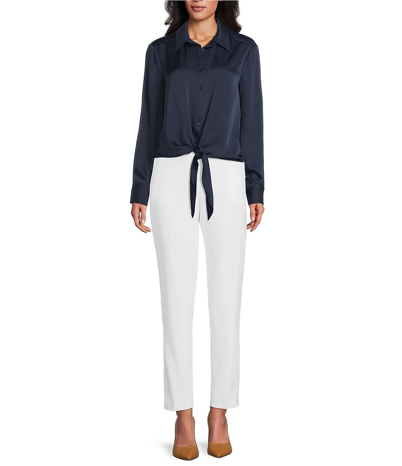 Preston & York Kinsley Tie Front Hem Button Front Collared Long Sleeve Shirt