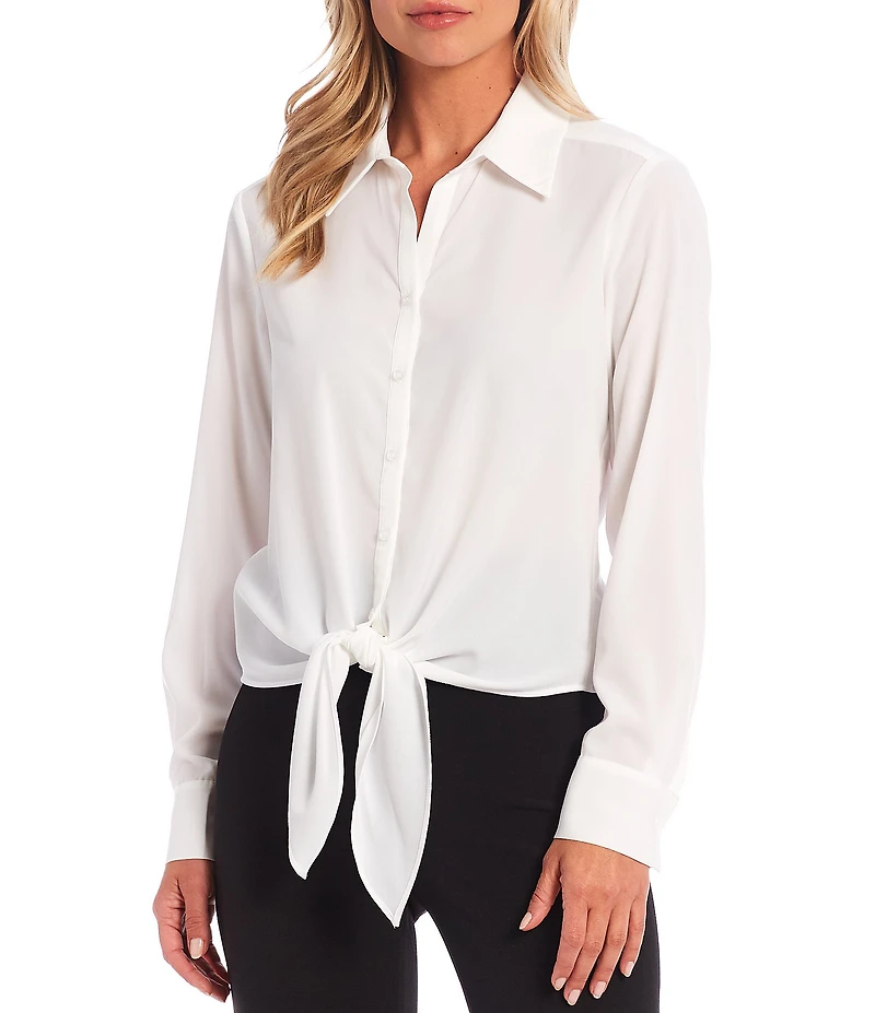 Preston & York Kinsley Tie Front Hem Button Front Collared Long Sleeve Shirt