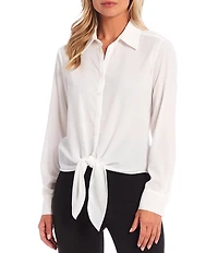 Preston & York Kinsley Tie Front Hem Button Front Collared Long Sleeve Shirt