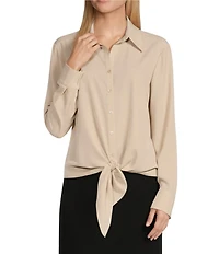 Preston & York Kinsley Tie Front Hem Button Front Collared Long Sleeve Shirt