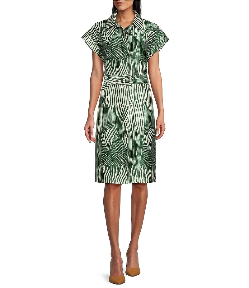 Preston & York Mae Mikado Sheath Button Front Belted Short Sleeve Zebra Print Dress