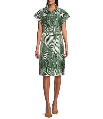 Preston & York Mae Mikado Sheath Button Front Belted Short Sleeve Zebra Print Dress