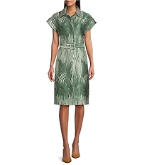 Preston & York Mae Mikado Sheath Button Front Belted Short Sleeve Zebra Print Dress
