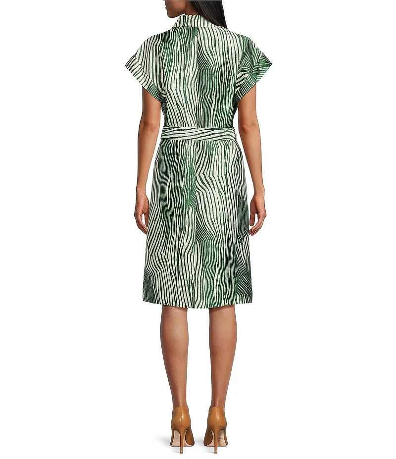 Preston & York Mae Mikado Sheath Button Front Belted Short Sleeve Zebra Print Dress