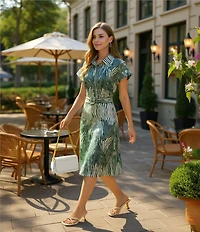 Preston & York Mae Mikado Sheath Button Front Belted Short Sleeve Zebra Print Dress