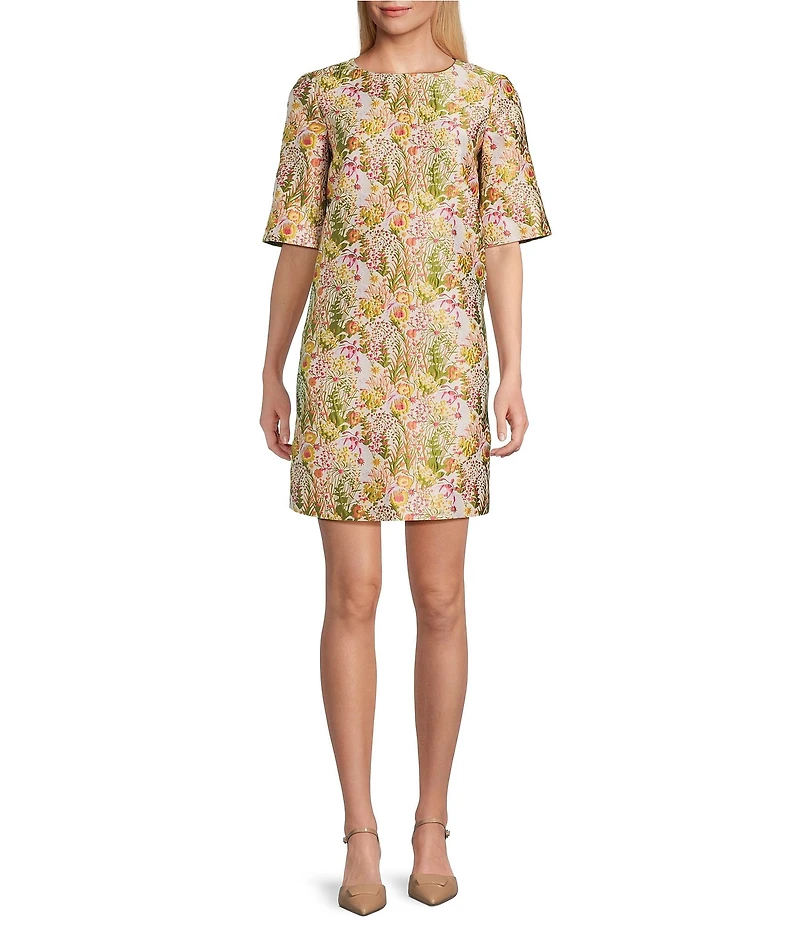 Preston & York Maris Floral Round Neck Elbow Sleeve Brocade Dress
