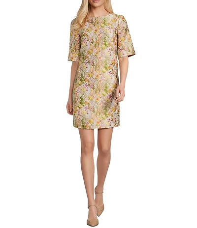 Preston & York Maris Floral Round Neck Elbow Sleeve Brocade Dress