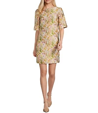 Preston & York Maris Floral Round Neck Elbow Sleeve Brocade Dress
