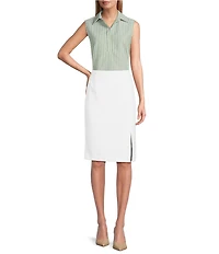 Preston & York Monday Woven Stripe Button Placket Collar Sleeveless Blouse