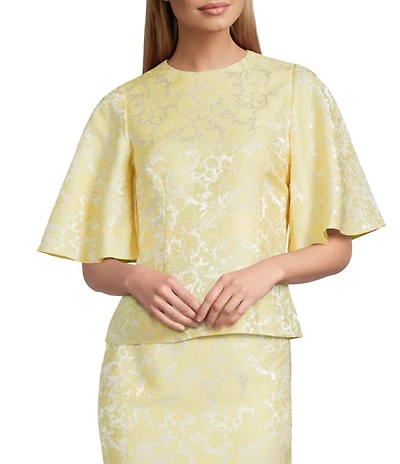 Preston & York Nettie Coordinating Round Neck Elbow Sleeve Brocade Blouse