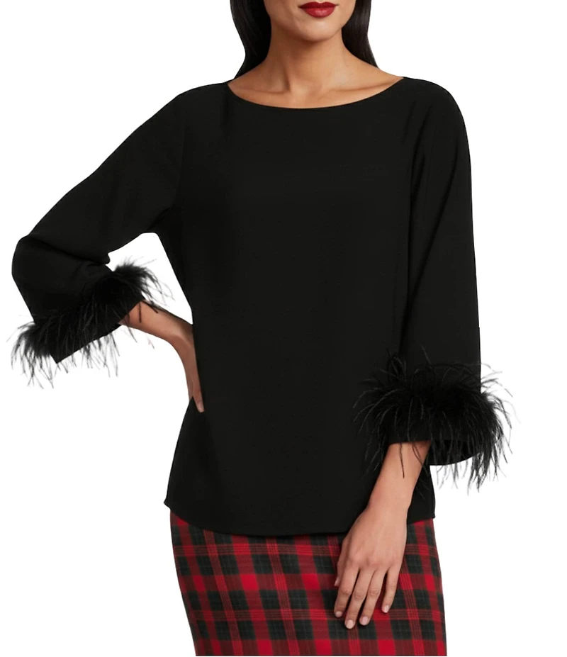 Preston & York Paula Woven Crepe De Chine Boat Neck Long Sleeve Feather Cuff Blouse