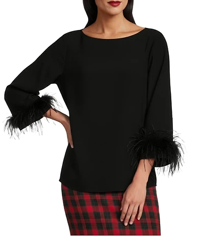 Preston & York Paula Woven Crepe De Chine Boat Neck Long Sleeve Feather Cuff Blouse