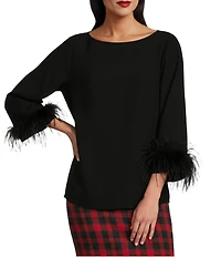 Preston & York Paula Woven Crepe De Chine Boat Neck Long Sleeve Feather Cuff Blouse