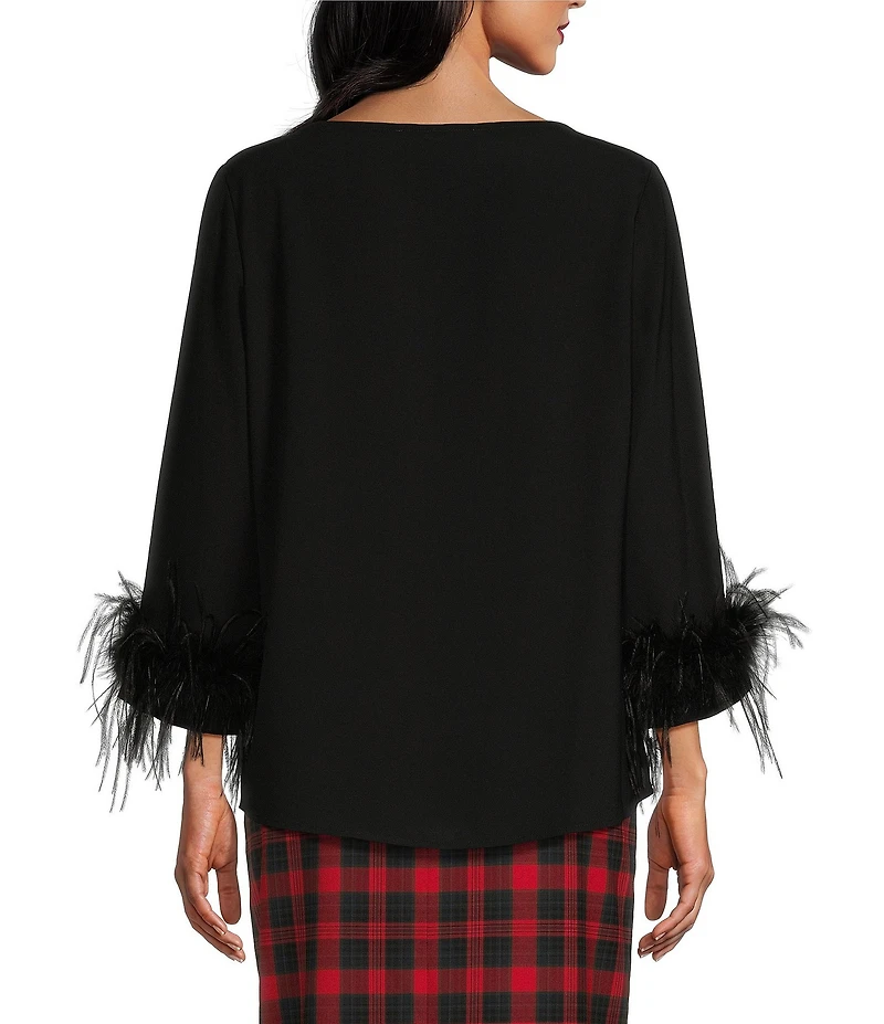 Preston & York Paula Woven Crepe De Chine Boat Neck Long Sleeve Feather Cuff Blouse