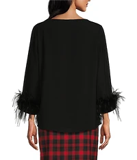 Preston & York Paula Woven Crepe De Chine Boat Neck Long Sleeve Feather Cuff Blouse