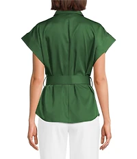 Preston & York Sasha Belted Short Sleeve Point Collar Blouse
