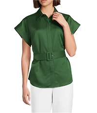 Preston & York Sasha Belted Short Sleeve Point Collar Blouse