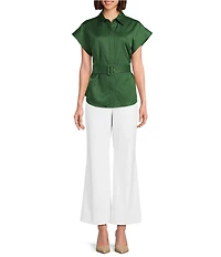 Preston & York Sasha Belted Short Sleeve Point Collar Blouse