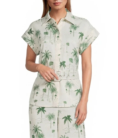 Preston & York Sasha Collar Neckline Cap Sleeve Printed Stretch Linen Blouse