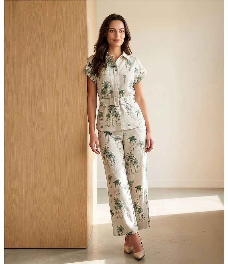 Preston & York Sasha Collar Neckline Cap Sleeve Printed Stretch Linen Blouse