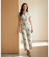 Preston & York Sasha Collar Neckline Cap Sleeve Printed Stretch Linen Blouse