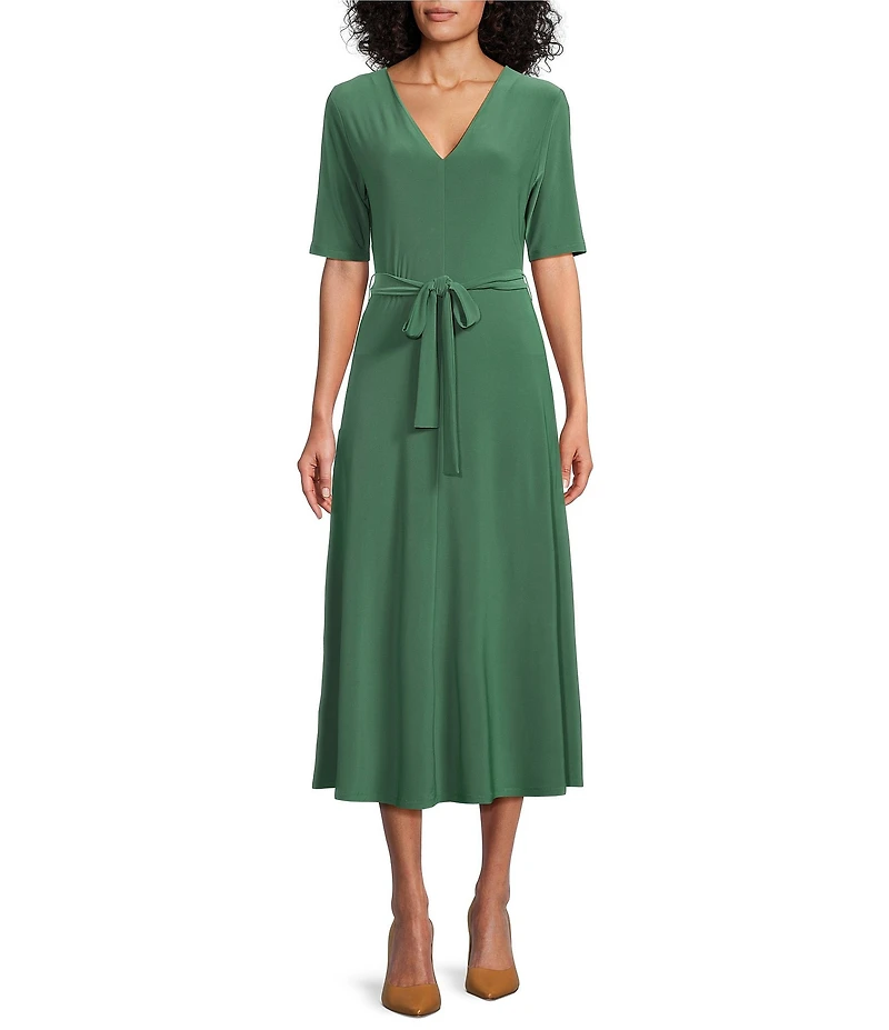 Preston & York Sydney V-Neck Short Sleeve Tie Waist Midi Dress