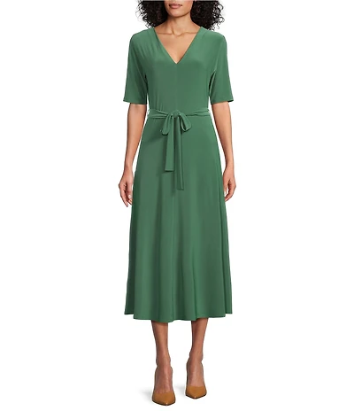 Preston & York Sydney V-Neck Short Sleeve Tie Waist Midi Dress