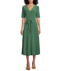 Preston & York Sydney V-Neck Short Sleeve Tie Waist Midi Dress